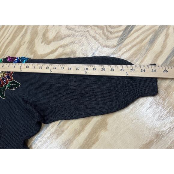 Vintage Mr Noah Floral Christmas Sweater Embroidery Sequins Black Size Medium - Picture 13 of 13
